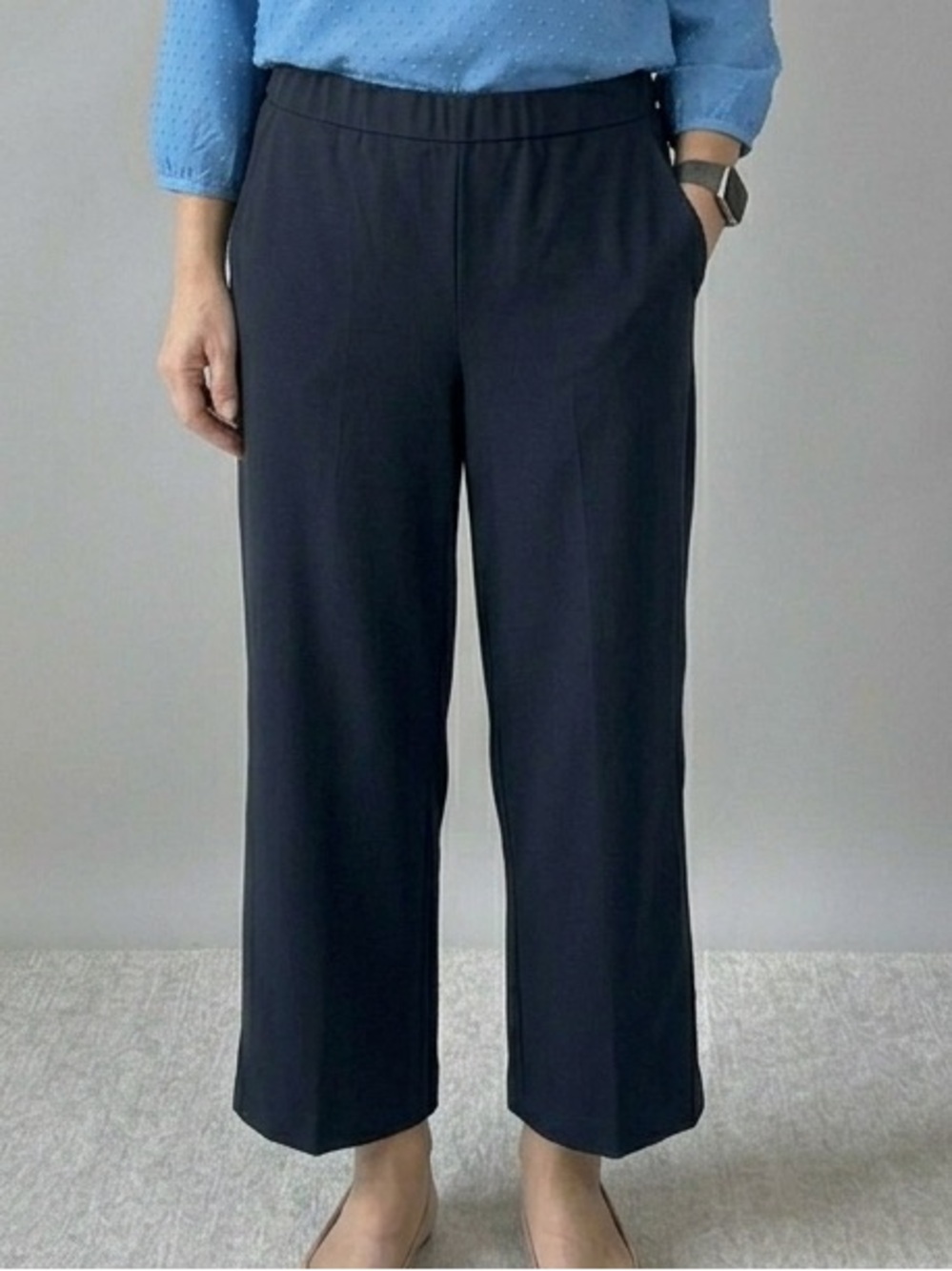 Croft & Barrow Navy Stretch Pull-On Wide-Leg Crop Pants 12PS Petite Short EUC